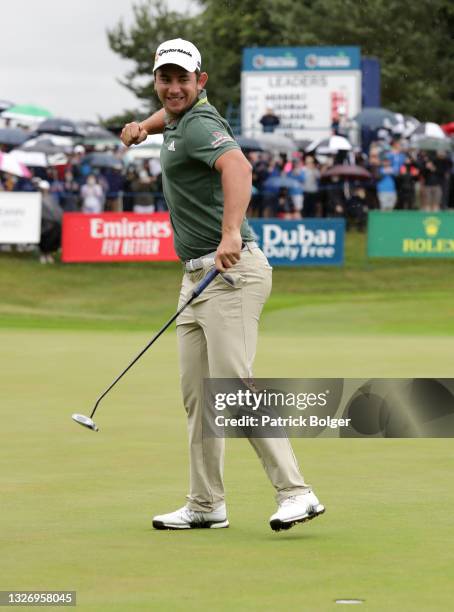 Lucas Herbert of Australia celebrates holeing the winning putt on the 18th hole during final round of The Dubai Duty Free Irish Open at Mount Juliet...