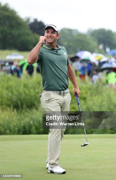 Lucas Herbert of Australia celebrates holeing the winning putt on the 18th hole during final round of The Dubai Duty Free Irish Open at Mount Juliet...