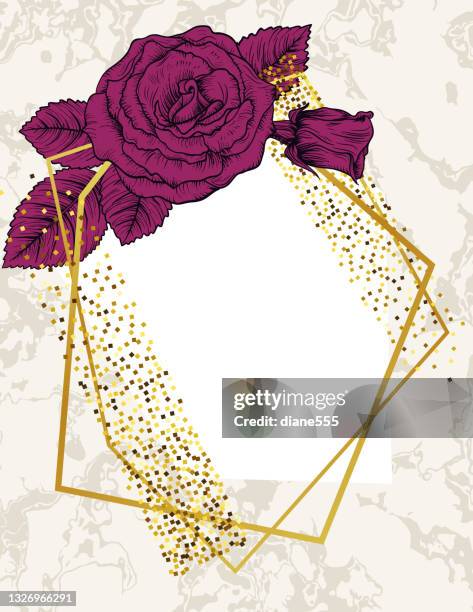 roses and gold deco geometric frames invitation template - text box pattern stock illustrations