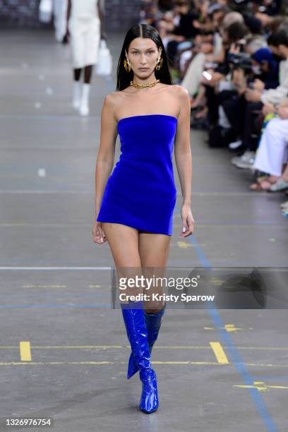 Bella Hadid walks the runway during the Off-White Fall/Winter 2021/2022 show as part of Paris Fashion Week on July 04, 2021 in Paris, France.