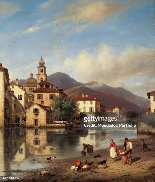 Italy, Lombardy, Milan, Brera Academy of Fine Art Collections. Detail. Riverscape buildings sheet of water people woman dishes man little girl ducks...