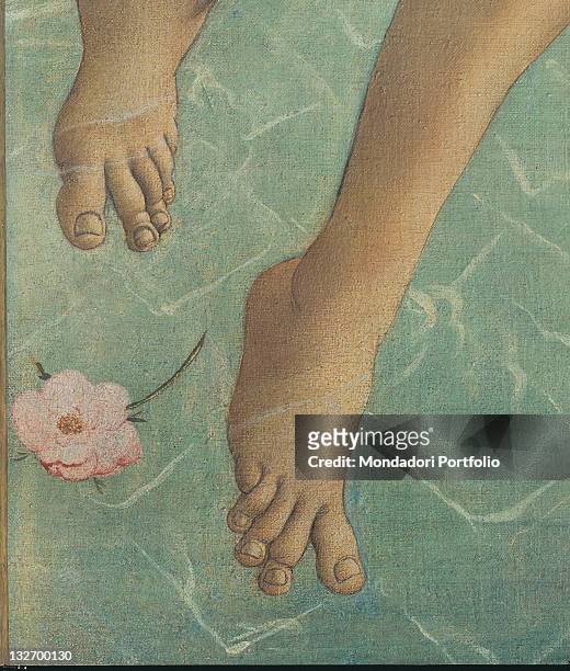 Italy, Tuscany, Florence, Uffizi Gallery. Detail. The feet of the male personification of the winds, Zephyrus partially immersed in the rippled sea...