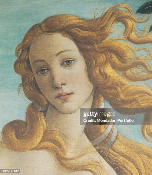 Italy, Tuscany, Florence, Uffizi Gallery. Detail. The face of Venus, three quarters on, tilted towards the observer. Long flowing blonde hair tied...