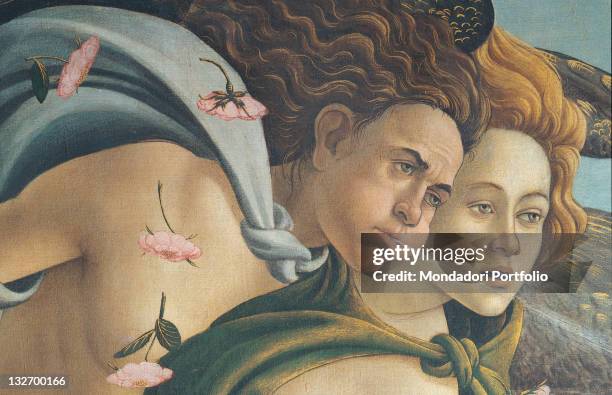 Italy, Tuscany, Florence, Uffizi Gallery. Detail. The wind emerges from the mouths of a man and woman, naked, winged and embracing, the...