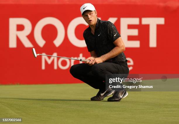 Cam Davis of Australia reacts after putting on the 15th hole in the second sudden death playoff hole with Troy Merritt during the final round of the...