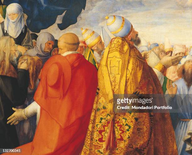 Austria, Wien, Kunsthistorisches Museum, Gemaldegalerie. Detail. Adoration men saints pope tiara gold cloak mantle red cardinal hat headdress...