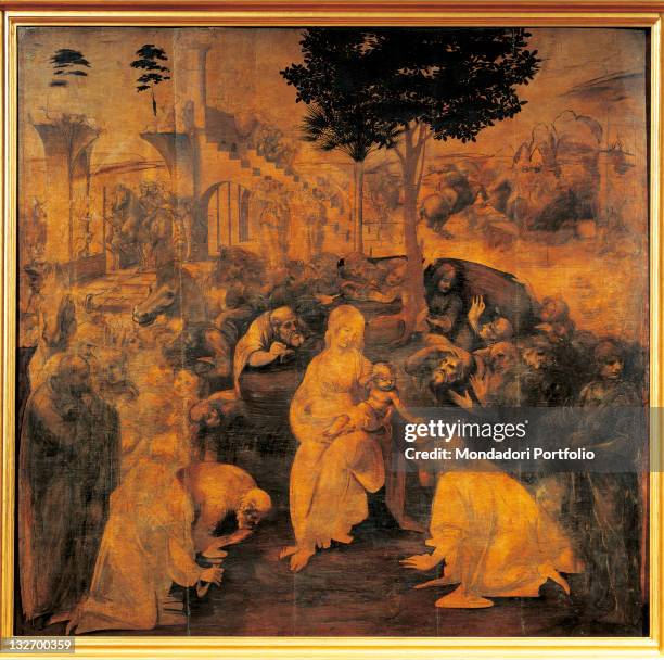 Italy, Tuscany, Florence, Uffizi Gallery. Unfinished. Whole artwork view. The Virgin Mary holds the Infant Jesus the Christ Child in Her arms and the...