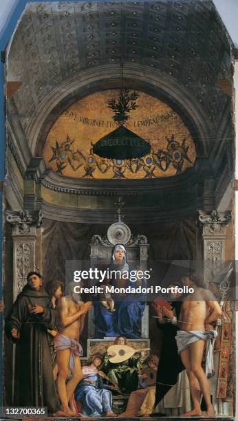 Italy, Veneto, Venice, Accademia Art Galleries. Whole artwork view. Madonna Virgin Mary seated throne in Renaissance, polychrome marbles bas relief,...