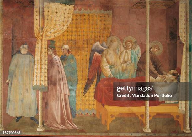 Italy, Umbria, Perugia, Assisi, Upper Basilica of San Francesco, nave. Whole artwork view. Panel. St Francis near the death bed of the knight. The...