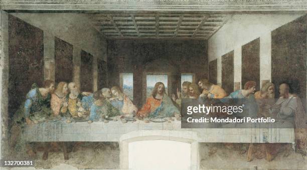 Italy, Lombardy, Milan, Refectory of Santa Maria delle Grazie convent. Whole artwork view. Fresco of the Last Supper. After the restoration.