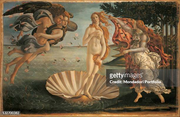 Italy, Tuscany, Florence, Uffizi Gallery. Whole artwork view. Venus, the figure of a naked woman with long hair, standing on the valve of a shell...