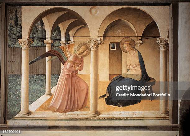 Italy, Lombardy, Milan, Refectory of Santa Maria delle Grazie convent. Whole artwork view. Gabriel Archangel kneeling before the Virgin Mary. The...