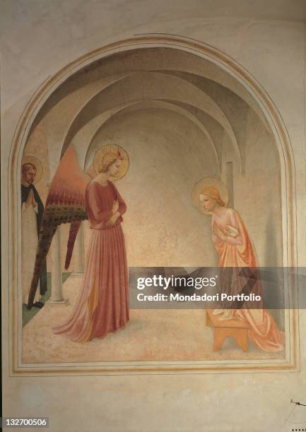 Italy, Tuscany, Florence, San Marco Convent, cell 3. Whole artwork view. Annunciation Convent San Marco Madonna Maria Gabriel Archangel saints.