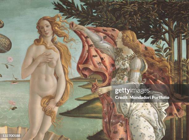 Italy, Tuscany, Florence, Uffizi Gallery. Detail. Servant profile tresses hair ginger white dress cloth embroidered cornflowers pink cloak floral...