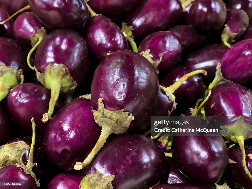 Heap of fresh eggplants