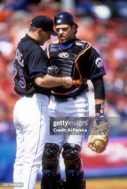 Catcher Mike Piazza of the New York Mets directs a play in the game between the New York Mets vs The Montreal Expos on April 18, 2001 at Shea Stadium...