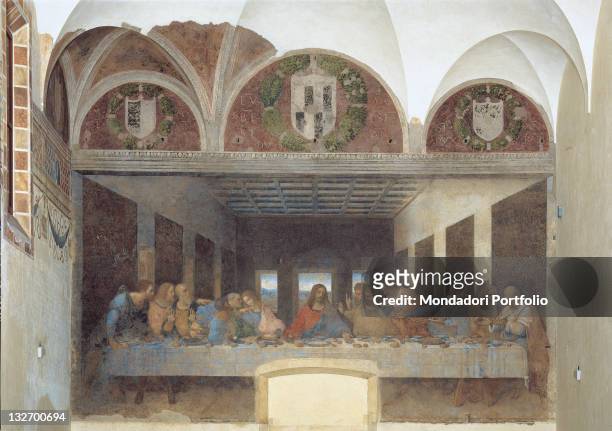 Italy, Lombardy, Milan, Credito Artigiano. Whole artwork view. The Last Supper banquet Jesus Christ Apostles table dishes bread cups room building.