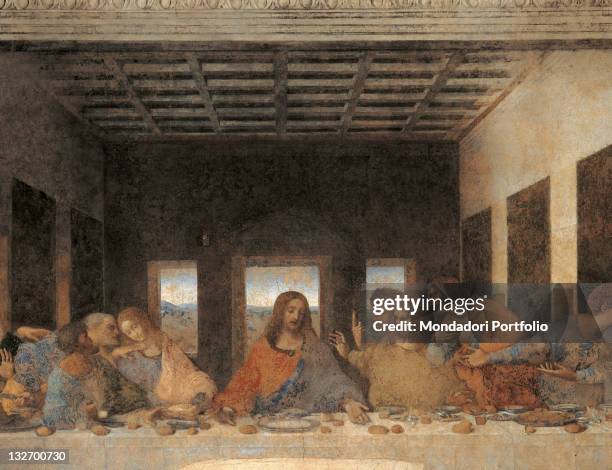 Italy, Lombardy, Milan, Refectory of Santa Maria delle Grazie convent. Whole artwork view. Fresco of The Last Supper. After the restoration.