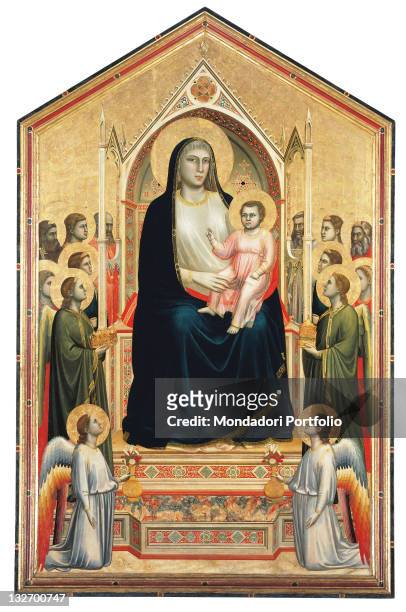 Italy, Tuscany, Florence, Uffizi Gallery. Whole artwork view. Panel with cusp Majesty Mary Madonna Jesus Child Baby saints blue gold red angels wings...