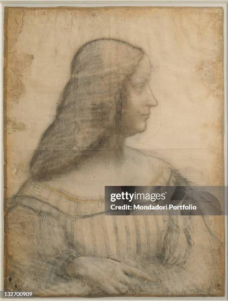 France, Il de France, Paris, Muse du Louvre, Drawing Collection. Whole artwork view. Portrait of Isabella dEste young woman profile dress.