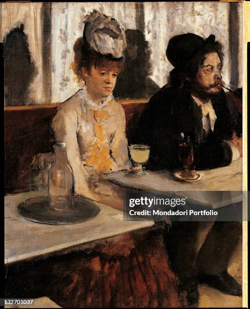 France, Ile de France, Paris, Muse dOrsay. Detail. Caf absinthe tables mirror tray young woman bearded man hat headgear glass bottle.