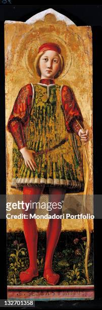 Italy, Lombardy, Milan, Brera Art Gallery. Detail. St Sebastian stick gold green red dress cloth aureole halo belt.