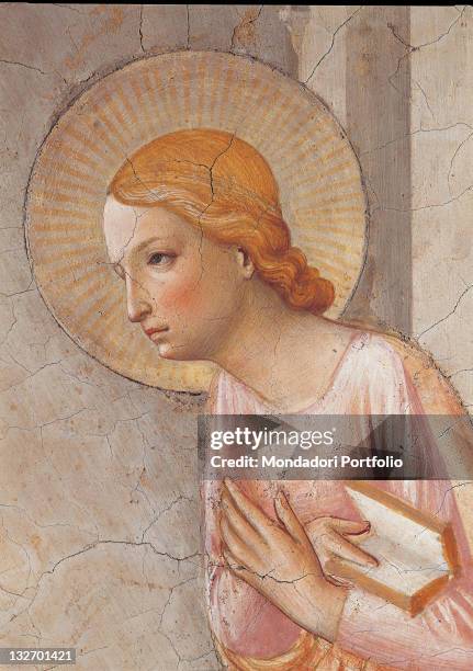 Italy, Tuscany, Florence, San Marco Convent, cell 3. Detail. Face Virgin Mary young woman profile aureole hand book.