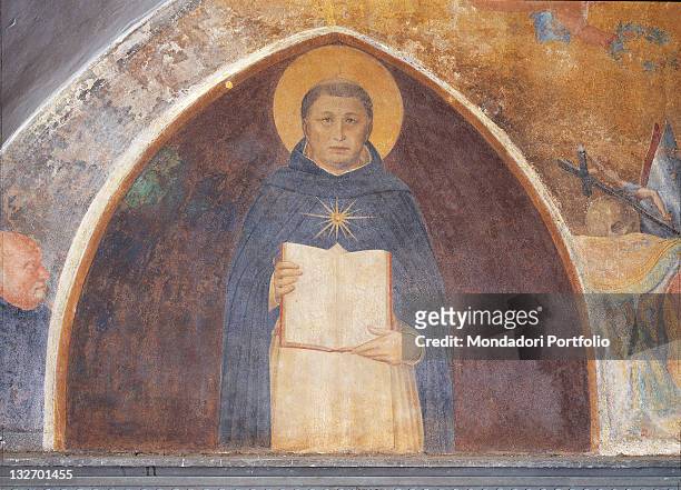 Italy, Tuscany, Florence, San Marco Convent, cloister. Whole artwork view. St Thomas Aquinas aureole cloak blue book.