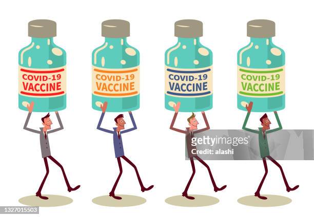 stockillustraties, clipart, cartoons en iconen met multi-ethnic group of businessmen (scientists) carrying different types of covid-19 vaccines (bottle, dose, vial) - b117 covid 19 variant