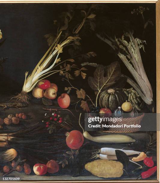 Italy, Lazio, Rome, Borghese Gallery. Detail. Basket fruit apples pears peaches lemons pumpkins cabbage grapes foliage onions salad courgettes citron...