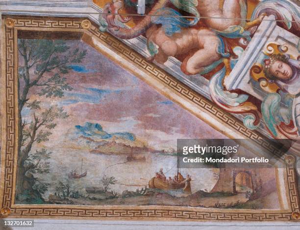 Italy, Lombardy, Milan, Lainate, Villa Visconti Borromeo Litta, 16C palace. Detail. Interior Villa Litta decoration ceiling fishing scene with nets...