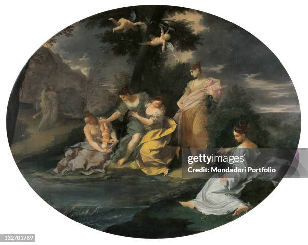 Italy, Emilia Romagna, Bologna, National Art Gallery, inv. 393. Whole artwork view. Child newborn Achillea Tethys handmaids river Styx tunics putti...