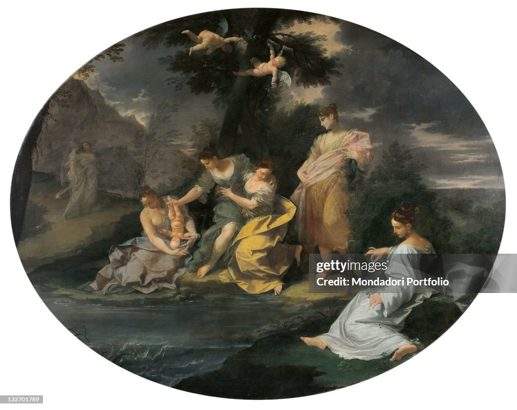 Thetis Dripping Achilles in the Waters of the Stix, by Creti Donato, 18th Century, 1710 about, oil on canvas, cm 129 x 163, oval.