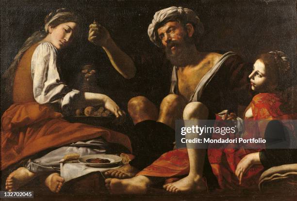 Italy, Marche, Pesaro Urbino, Urbino, Marche National Gallery. Whole artwork view. Lot man father old turban glass wine daughters women girls clothes...