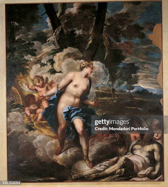 Italy, Veneto, Padua, Palazzo Conti. Whole artwork view. Venus body woman nude breasts light blue azure drape cupids clouds cry tears despair dead...