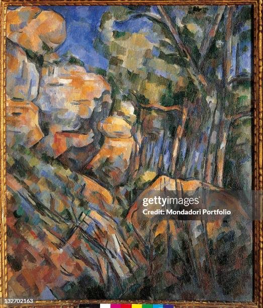 France, Ile de France, Paris, Muse dOrsay. Whole artwork view. Landscape rocks above the caves at Chteau Noir light blue azure trees sky view.