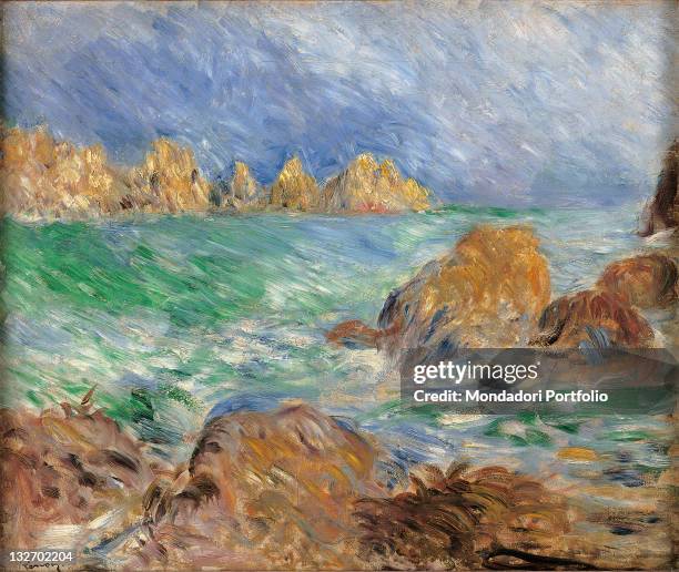 France, Ile de France, Paris, Muse dOrsay, RF1973-22. Whole artwork view. Marine Guernsey rocks water stacks sky green azure light blue waves...