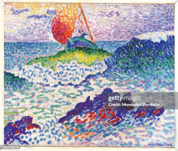 France, Ile de France, Paris, Muse dOrsay. Whole artwork view. Shipwreck boat sail wave sky cloud sea cliff light blue azure green white yellow...