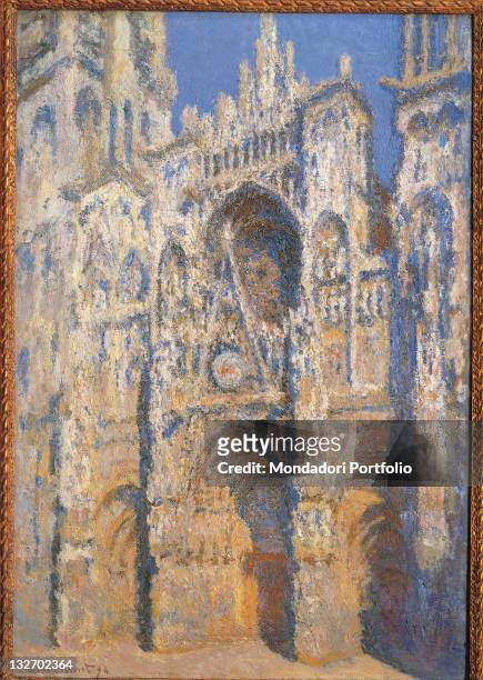 France, Ile de France, Paris, Muse dOrsay, RF2000. Whole artwork view. Cathedral Rouen morning faade tower light grey azure light blue church door...