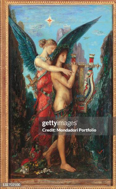 France, Ile de France, Paris, Muse dOrsay, RF1961-7. Whole artwork view. Hesiod and the Muse mountain young woman long gown wings star temple red...