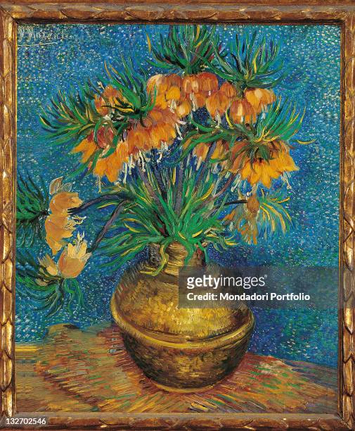 France, Ile de France, Paris, Muse dOrsay, RF1989. Whole artwork view. Still Life with Imperial Crown Fritilaria flowers brown orange azure light...