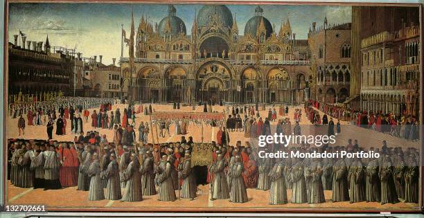 Italy, Veneto, Venice, Accademia Art Galleries. Whole artwork view. Accurate description St Marks Square crowds procession prelates background St...