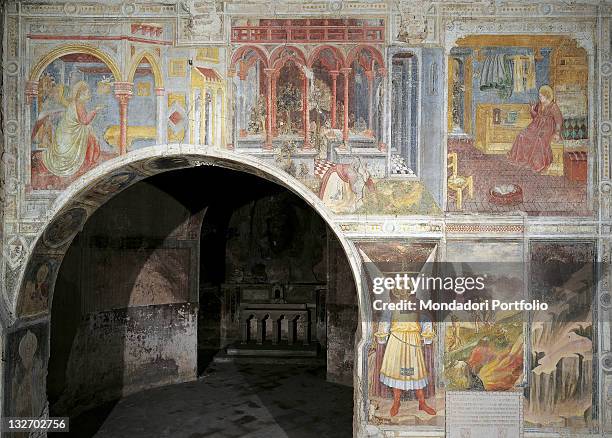Italy, Veneto, Padua, San Michele Oratory. Detail. Frescoed wall arch squares angel Annunciation.