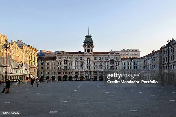 Italy, Friuli Venezia Giulia, Trieste, Piazza Unit dItaly, City Hall. Whole artwork view. Front view exterior facade City Hall Trieste clock tower...
