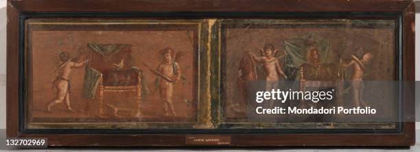 Italy, Campania, Naples, National Archaeological Museum, From Hercolaneum. Whole artwork view. Putti winged cupids wings infant child throne.