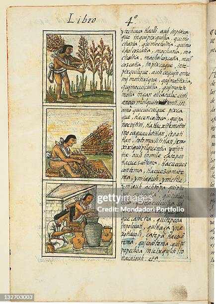 Italy, Tuscany, Florence, Medicean Laurentian Library. Whole artwork view. Peasants. Illuminated miniated page text boxes insets illustrations...