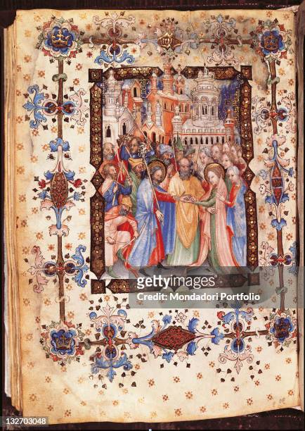 Italy, Tuscany, Florence, Central National Library, Book of Hours of Gian Galeazzo Visconti. Whole artwork view. The Wedding Marriage of the Virgin...