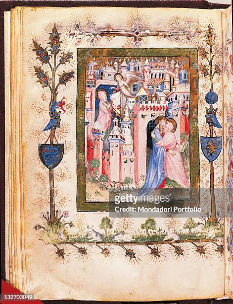 Italy, Tuscany, Florence, Central National Library. Whole artwork view. Illuminated miniated page. The Annunciation to St Anne and The Meeting of St...