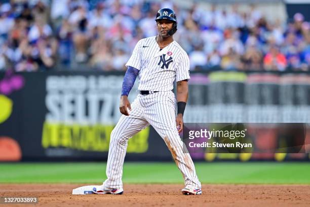 Miguel Andujar of the New York Yankees reacts against the New York Mets during game two of a doubleheader at Yankee Stadium on July 04, 2021 in the...