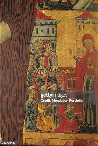 Italy, Tuscany, Florence, Accademia Gallery. Detail. Saint Mary Magdalene halo aureole sermon public men women city trunk tree yellow gold red black...
